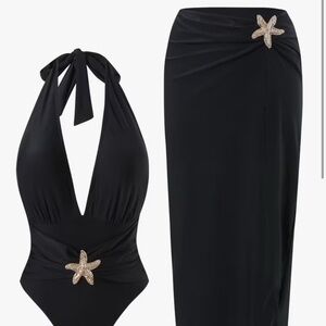 Black Halter Swimsuit and Skirt Set with Starfish Accents